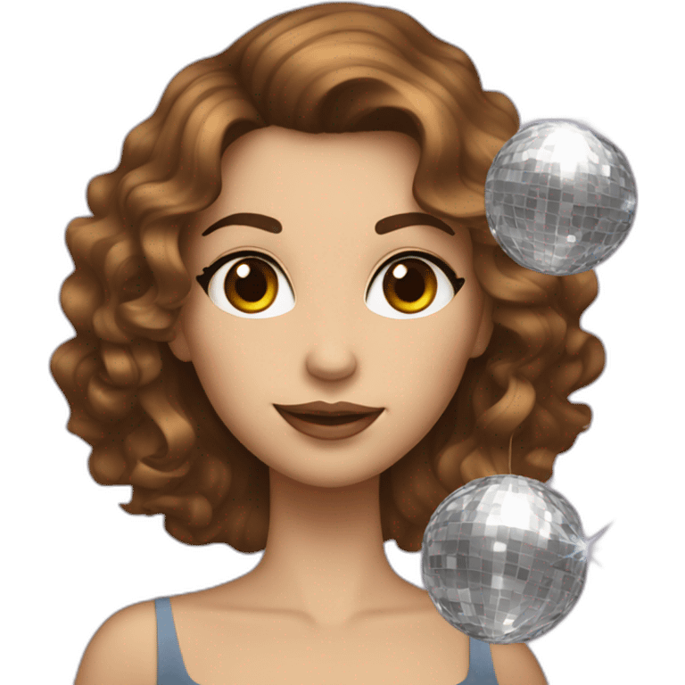 female with brown wavy hair dressed in a party dress and disco ball emoji