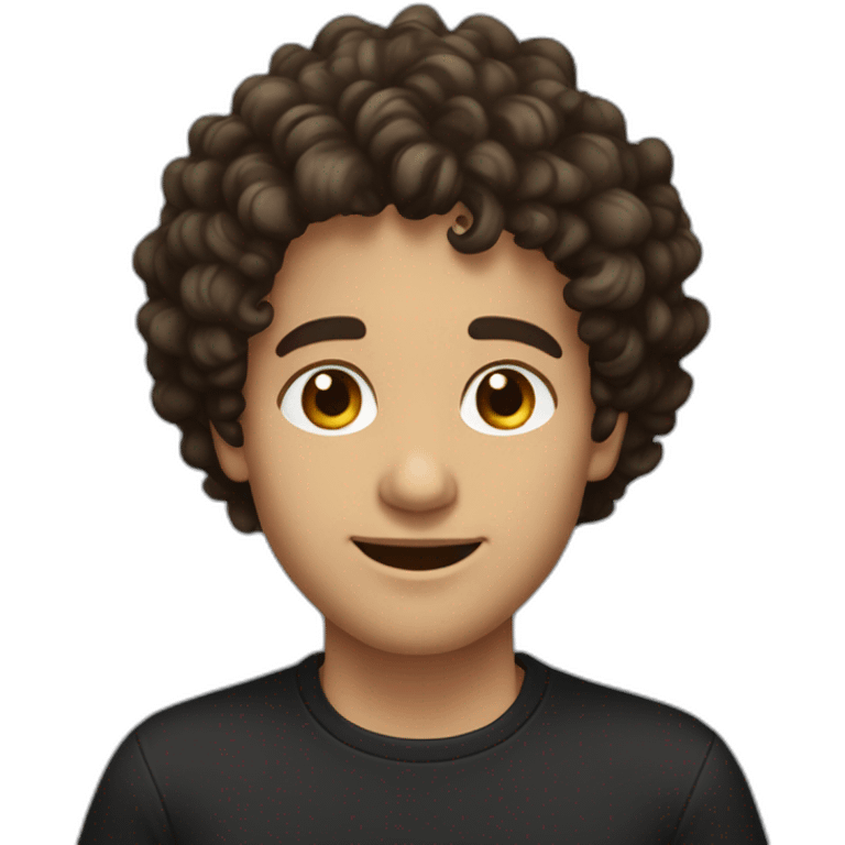 man short curly dark brown hair curls on forehead with brown eyes smiling black shirt light skin emoji