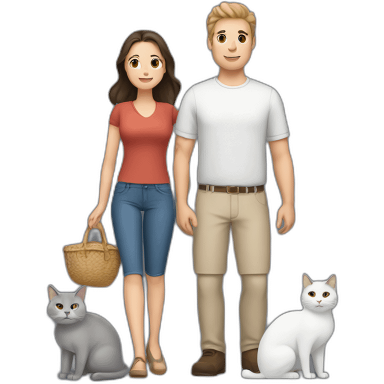 white brun man and brunette woman with a fat gray cat in their arms emoji