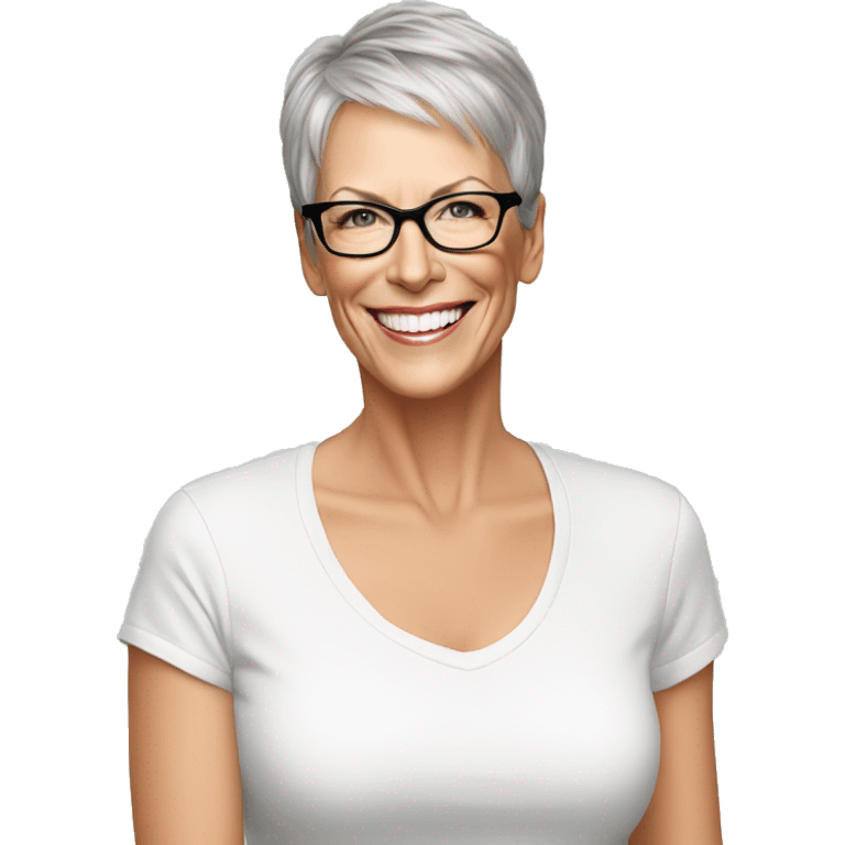 Jamie Lee Curtis smiling wearing tee emoji