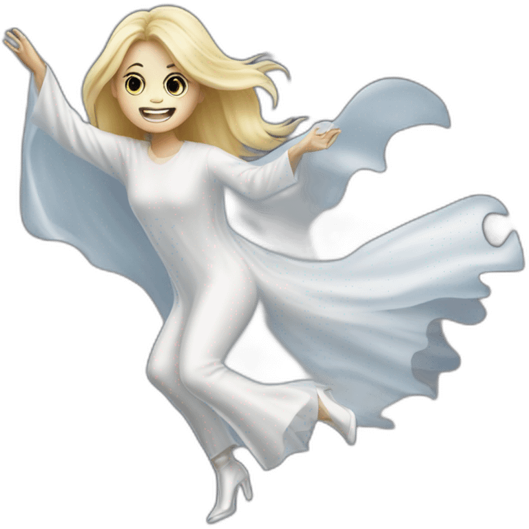 a blondie girl dressed as a ghost moving up the floor going to a party emoji