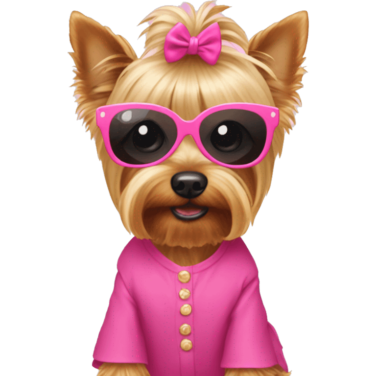 Blonde Yorkie wearing pink sunglasses and a pink dress  emoji