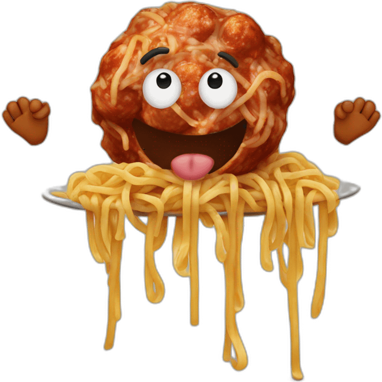 Spaghetti and meatballs with a face, arms and legs, doing something random emoji