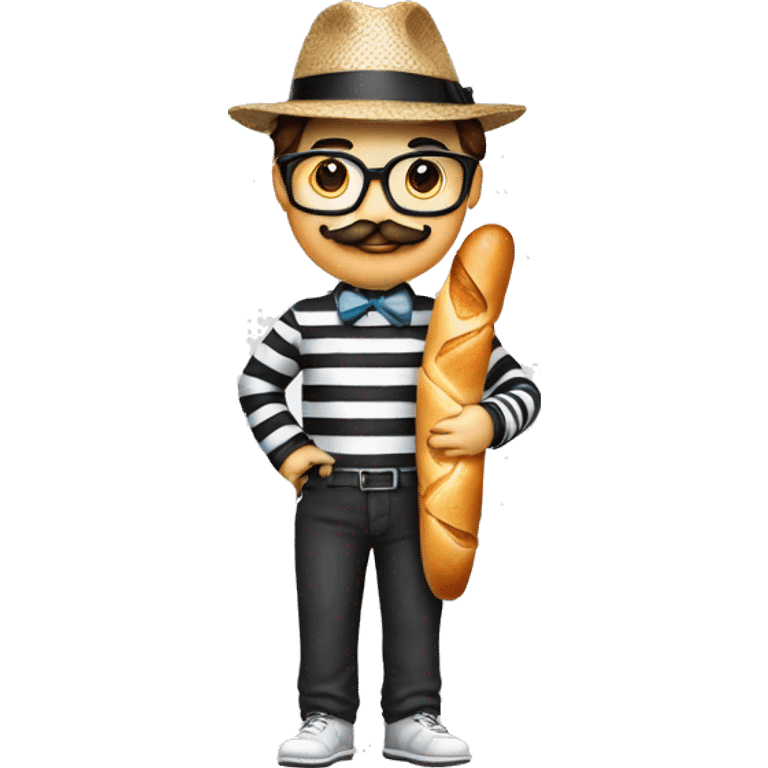 Nerd emoji with black and white long sleeve striped shirt and a fedora and a mustache and a baguette and a French hand  emoji