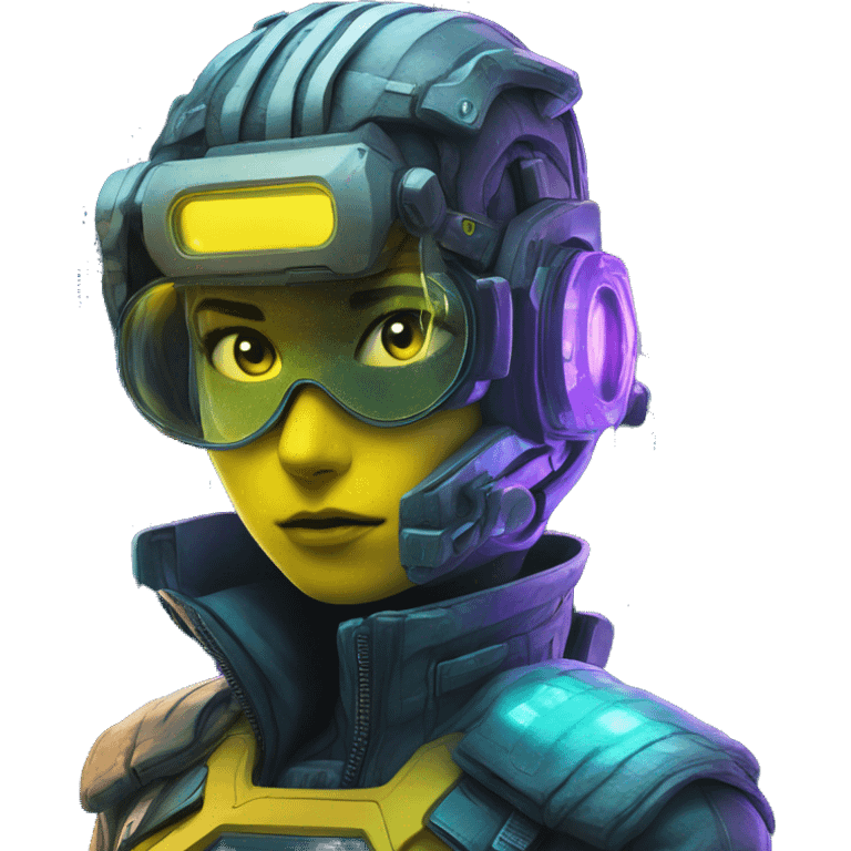 Secret human yellow emoji face agent with  cyberpunk elements with a spyglass scanning looking reviewing multicolor lines of code, cyan and purple colors, only upper body portrait emoji