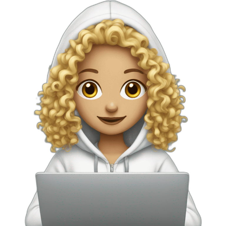 a white tenage curly girl wearing a hoodie working on a laptop emoji