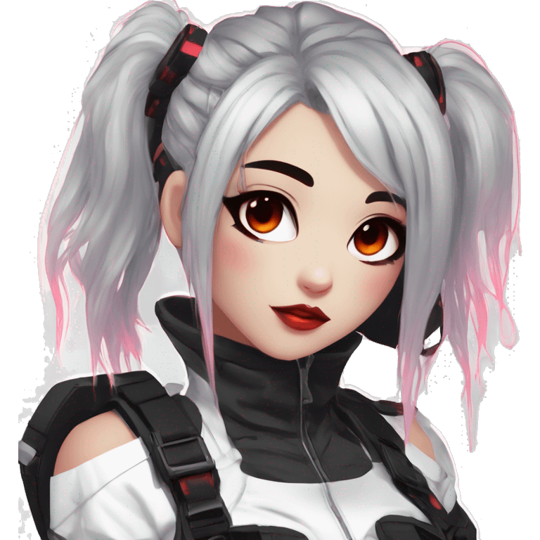 Gorgeous futuristic glowing gothic techwear anime style lady with blushing face aesthetic and pretty edgy black red punk messy wild cute hair with collar and harness trending style emoji