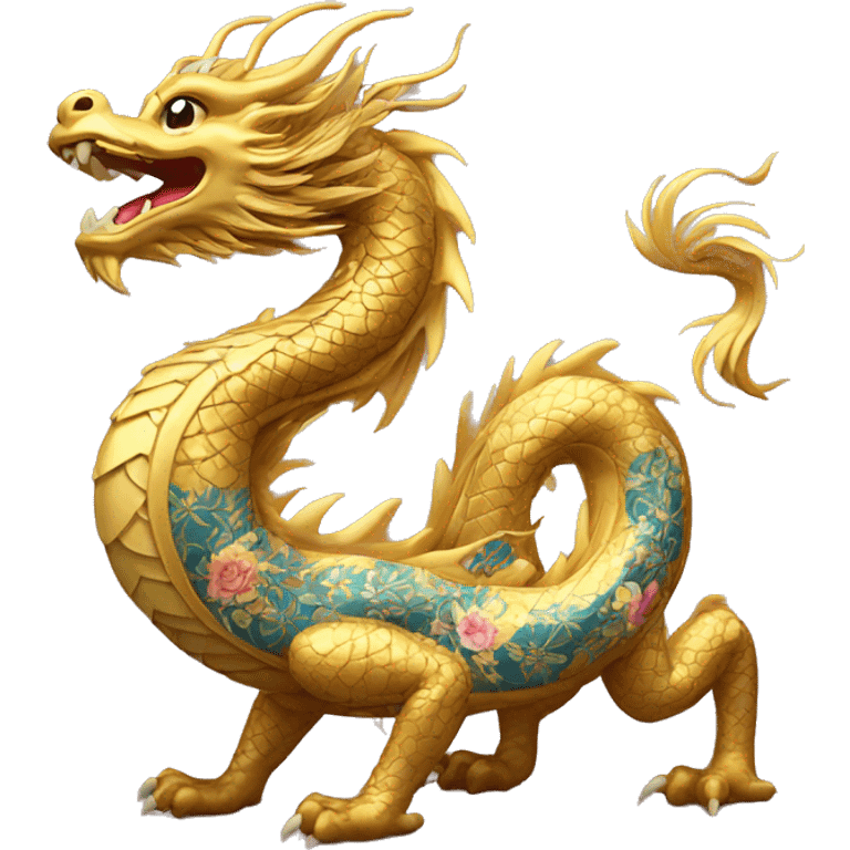 Golden Chinese dragon with floral pattern on its body  emoji