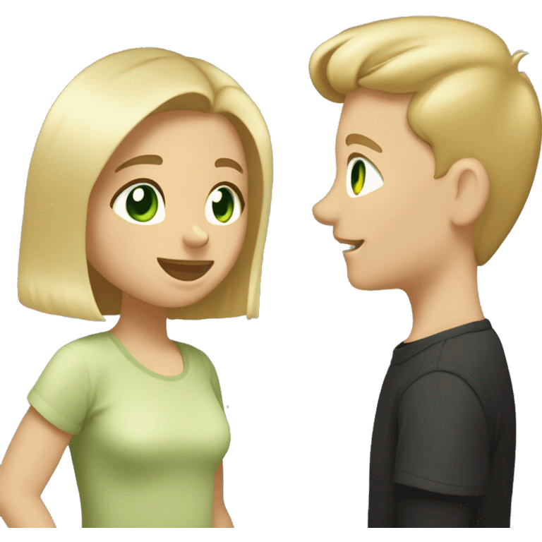 boy and girl with dirty-blond hair and light green eyes. Boy is wearing light khaki t shirt. He has a short mustache and fresh haircut. Girl is wearing off shoulders black top. They are looking at each other lovingly. Boy is taller than girl. emoji