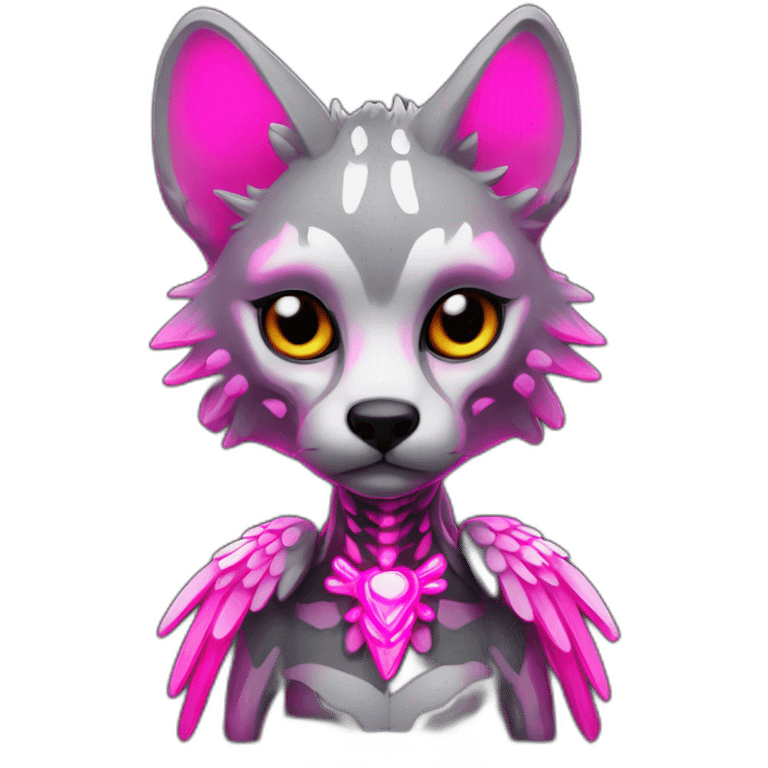 Coyote ocelot standing with grey and black fur and phoenix wings on back and pink ears half skeleton, neon lights emoji