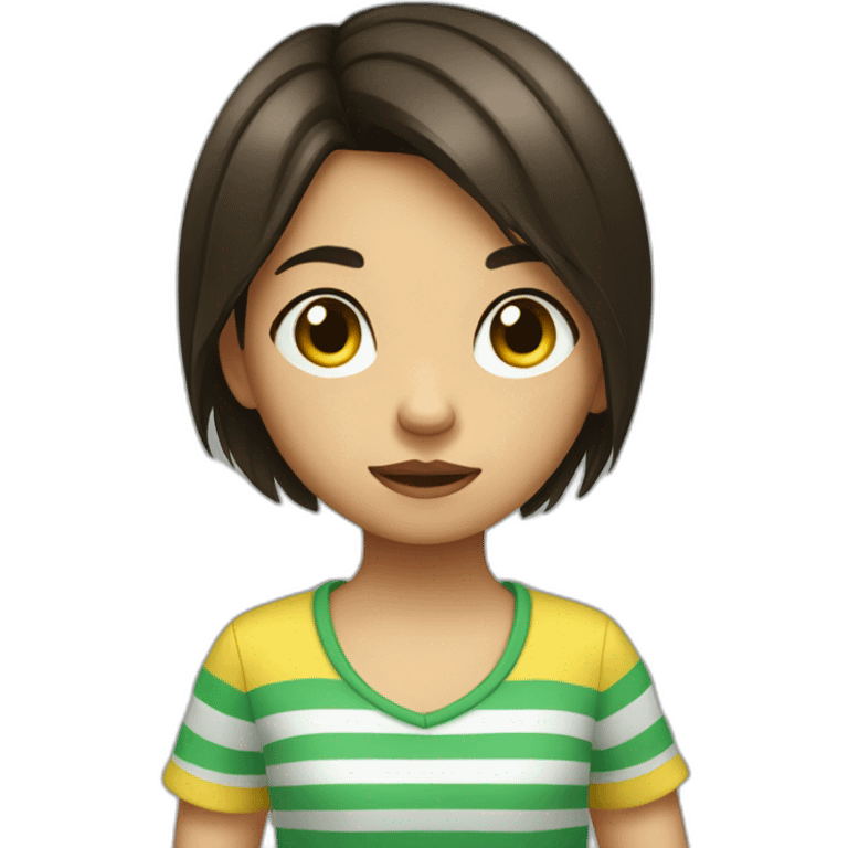 little girl with dark brown short hair wears striped green and yellow shirt giving a thumbs down emoji