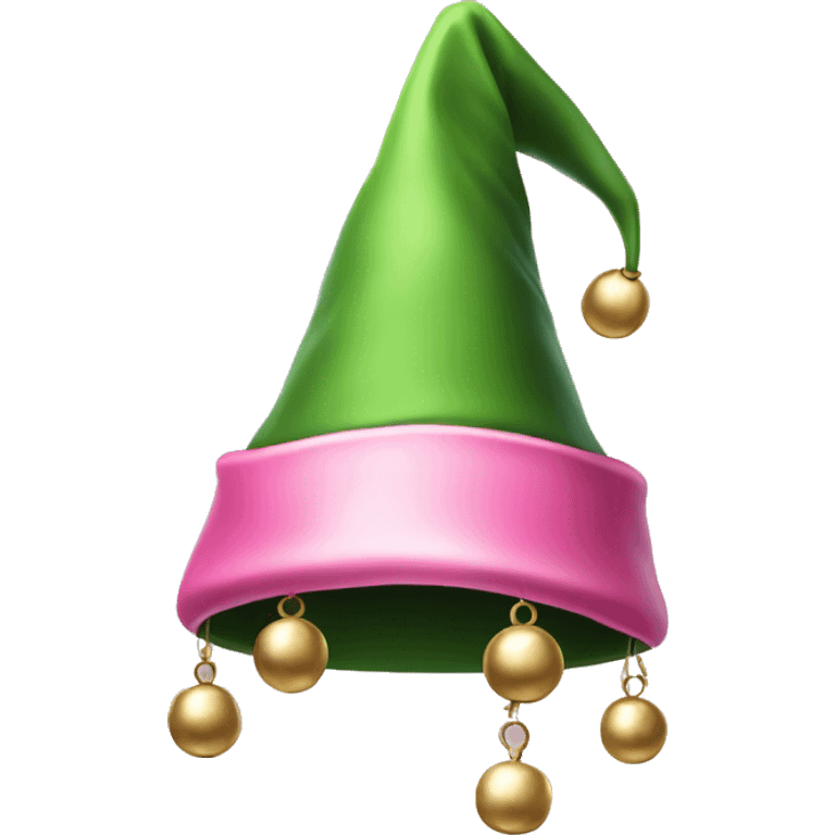 Realistic isolated pink and green elf hat with bells. emoji