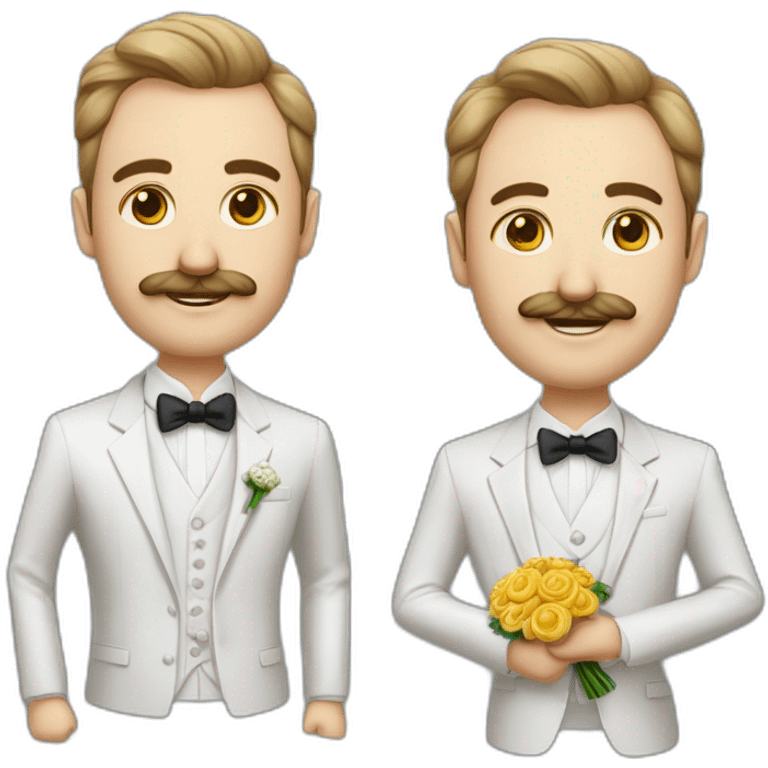 Homme en tenue de mariage avec les cheveux boucle avec un gros volume en costume blanc avec une moustache légère emoji