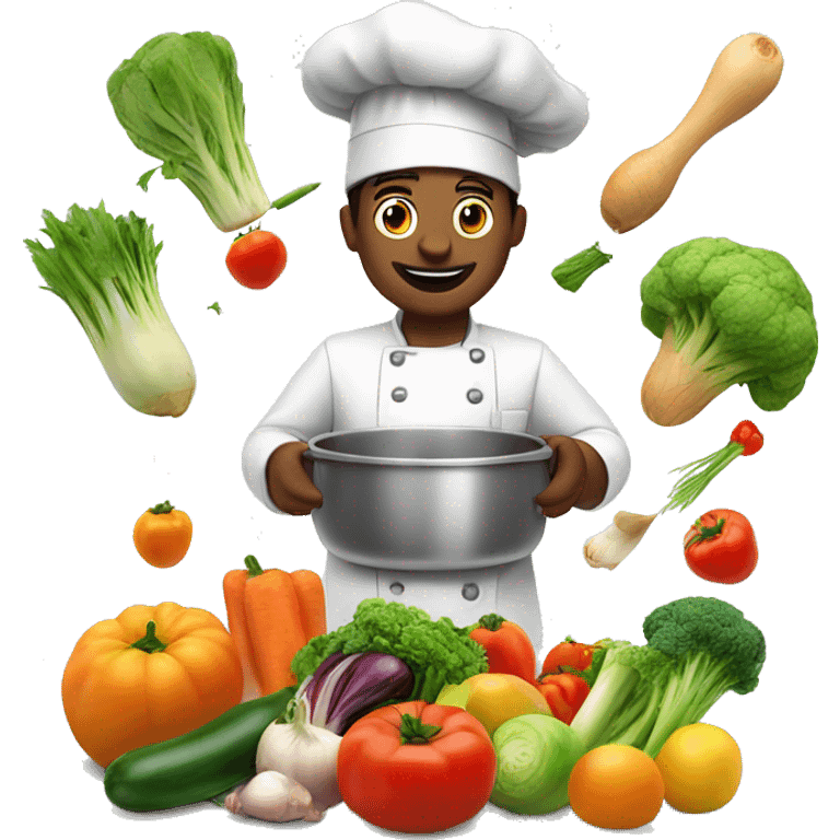 the cook is cooking, vegetables and fruits are flying above him and near him emoji