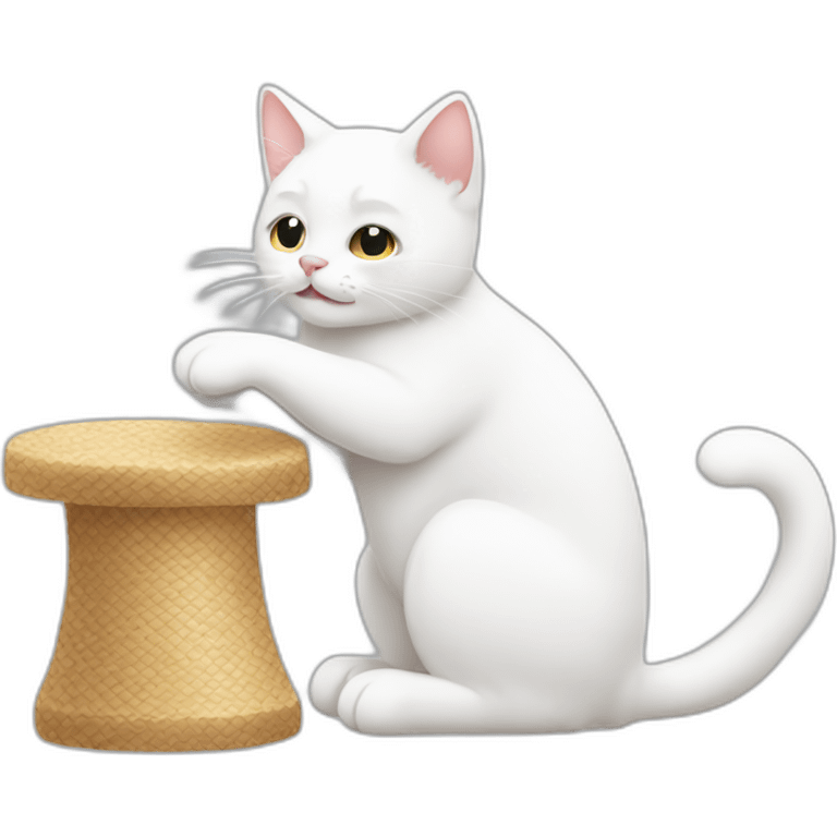 White cat scratching a scratcher emoji