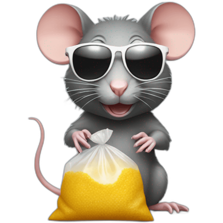 Rat wearing sunglasses with a small plastic bag of sugar emoji