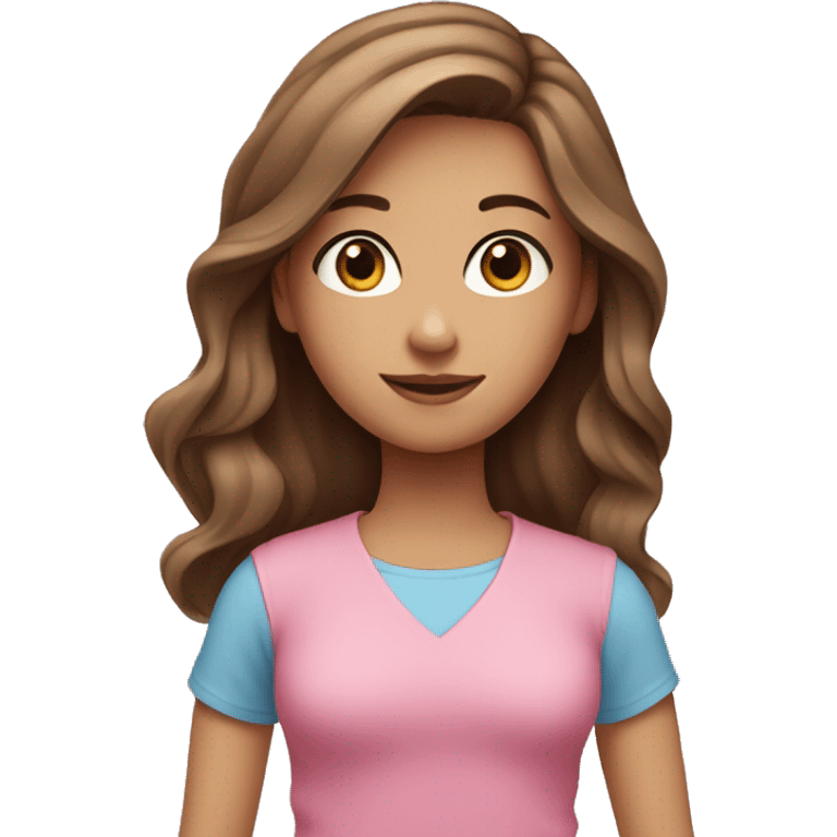 A girl with grey blue eyes, and long brown hair, and a middle part, and pink shirt emoji