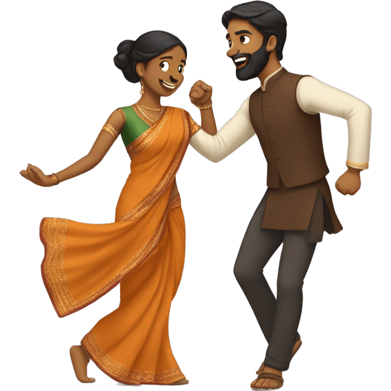 Brown man with trimmed beard dancing with brown girl wearing a saree emoji