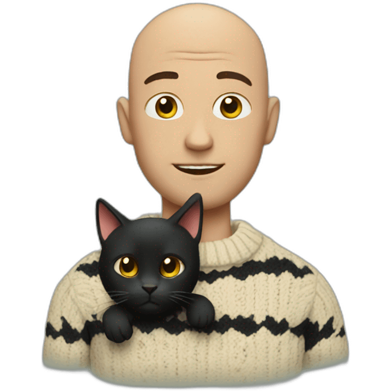 Bald man with funky sweater holding a black cat emoji