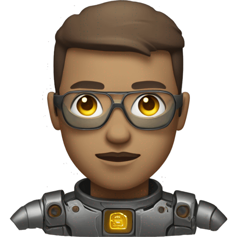 Male cyborg with metallic plated face, brown flat top haircut, glasses and circuitry emoji