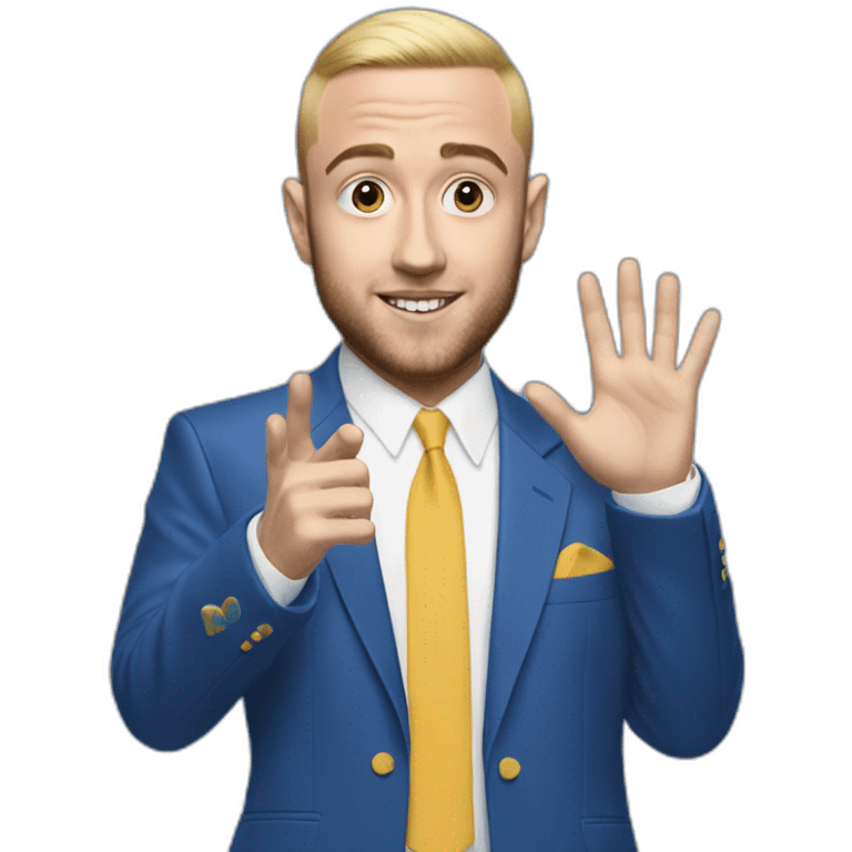 mac miller waving his hand with a blonde comb over skin fade wearing a blue suit emoji