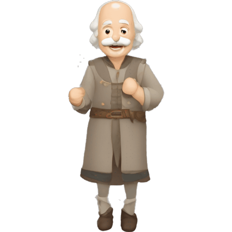 Short pudgy old man over enthusiastic happy excited face bald forehead long wavy gray and brown brunette long wavy hair moustache Shakespearean dress vintage clothes hamlet small arms emoji