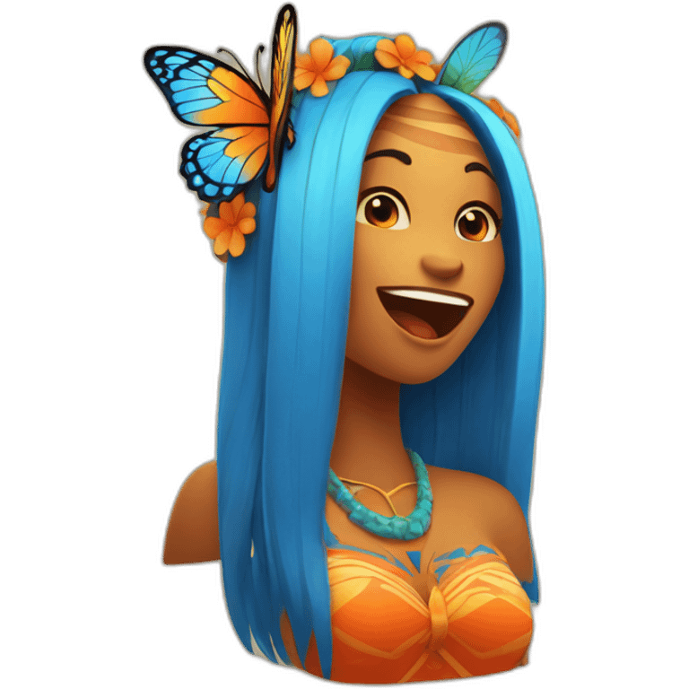 Cartoon Blue and orange girli tiki singing with butterfly and in the mike emoji