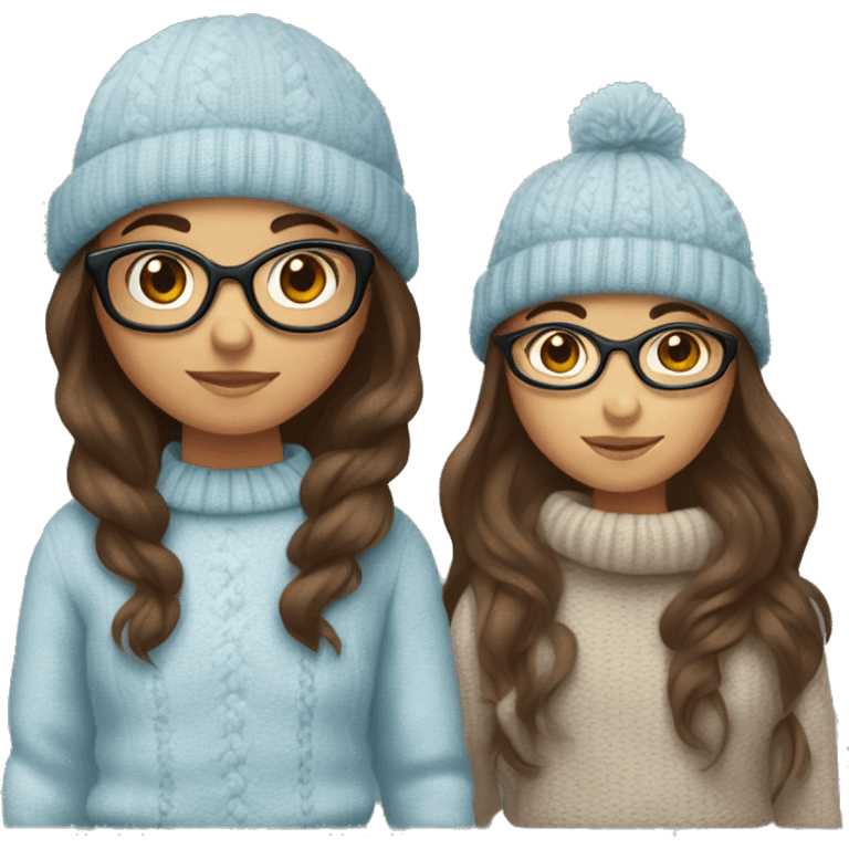 2 hispanic girls, long brown hair, brown eyes, full body, glasses, young, light blue winter sweater emoji