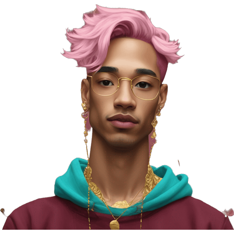 Vintage painting swirls gold jewellery baroque raven wings angel tropical Deep pink maroon burgundy cyan dark hoodie man vitiligo dyed hair gold piercings nose piercing ear piercings emoji