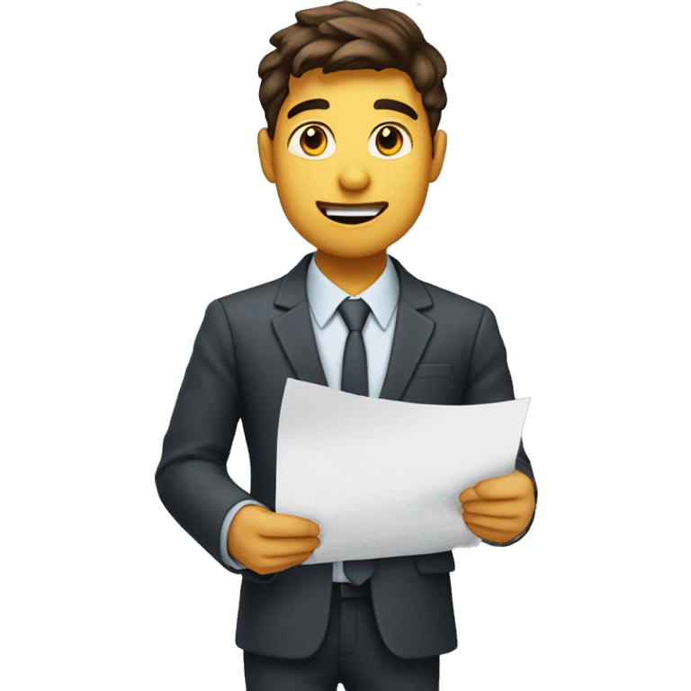 25 year old man with business clothes hold a paper in the hand 3 emoji