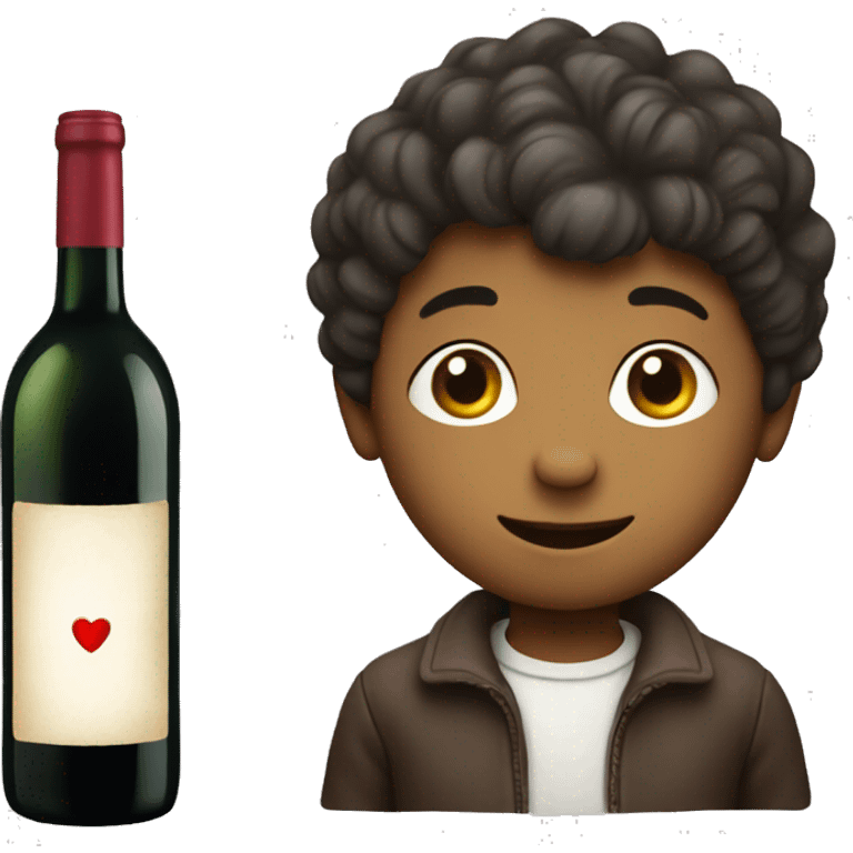 A boy with a bottle of wine come with a heart shape label emoji