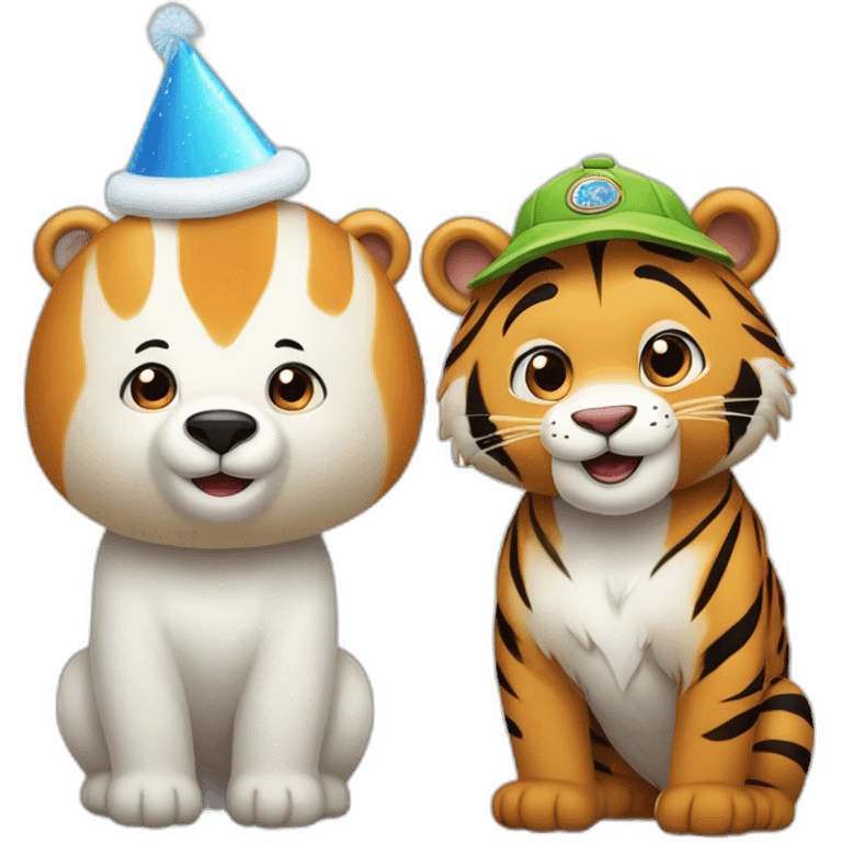 Un tierno oso polar y un tierno tigre usando gorros de cumpleaños  emoji