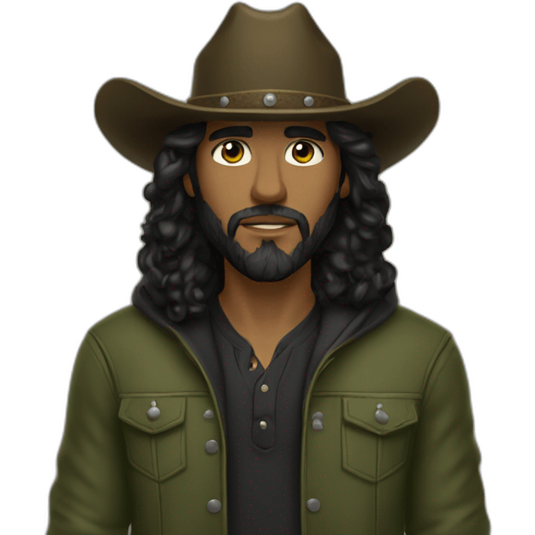 White hazel eyed cowboy with black curly long hair and beard wearing a black cowboy hat and olive green hoodie emoji