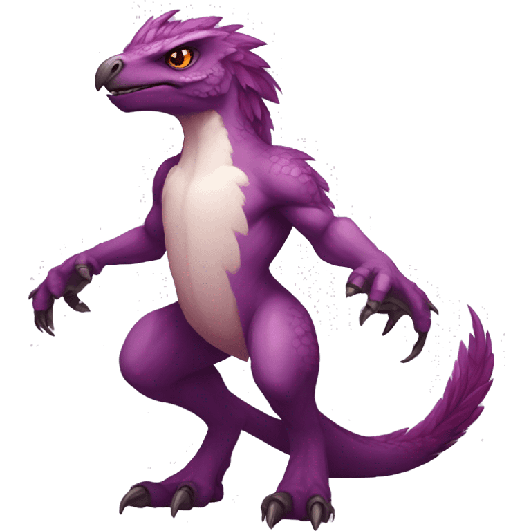 Mauve-maroon-red-violet-colored anthro-raptor-scalie-sona-Fakémon-hybrid with a mane on head and back full body emoji