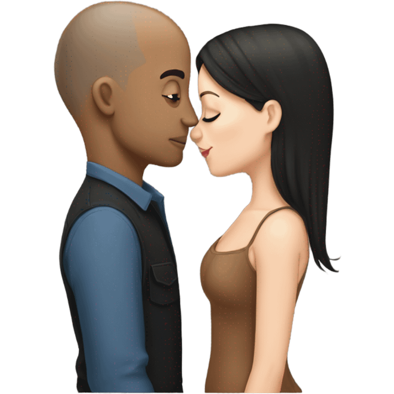 White girl dark hair kissing bald black man emoji