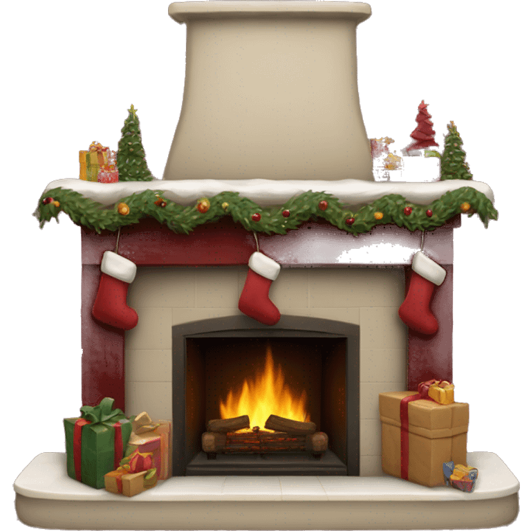 Realistic decorated burgundy Christmas fireplace emoji