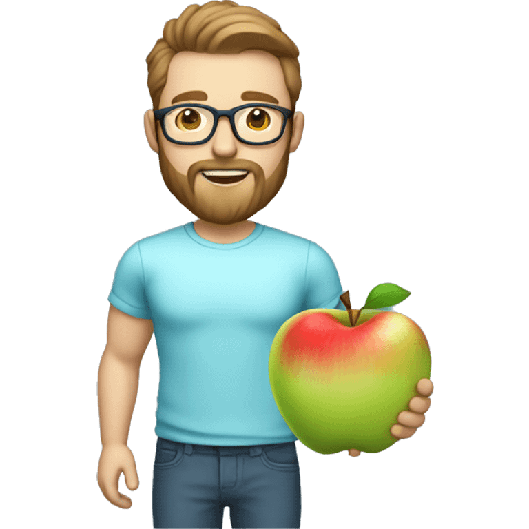 A male nutritionist with a full beard and dark blonde hair and white skin and glasses holding an apple in his hand. Who has a light blue shirt on. emoji