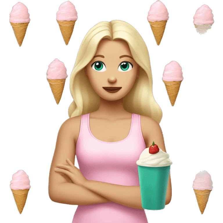 A blonde girl with blue-green eyes wearing a light pink tank top on with ice cream in her hand emoji