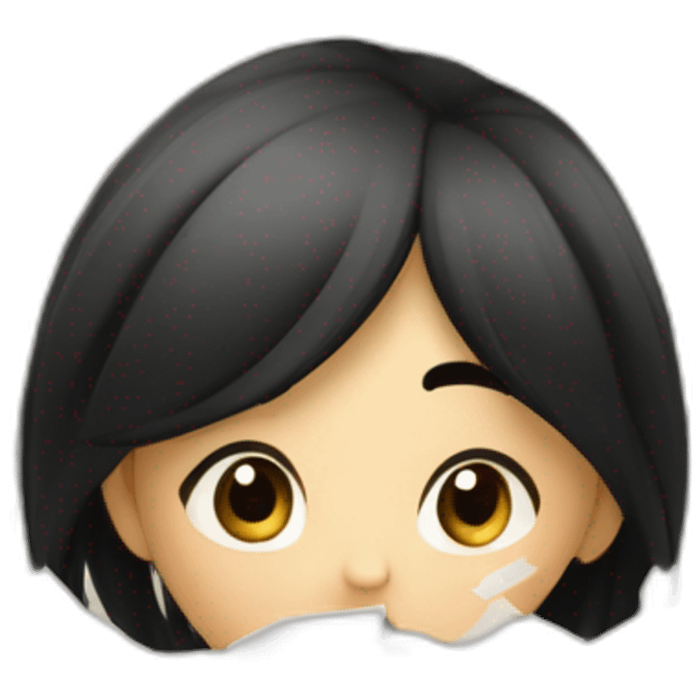 stressed small girl with black hair scattered papers, realizing that event data hasn't been imported for scanners, and the event is tomorrow emoji