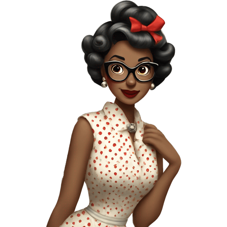 Vintage woman who wears classic pinup dresses with red with black polka dots and big cat eye glasses  emoji