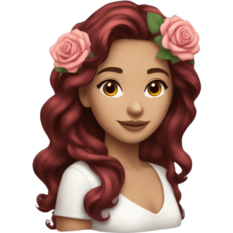 Beautiful, rose, red, flowers in hair, long dark brown hair, white fair skin emoji