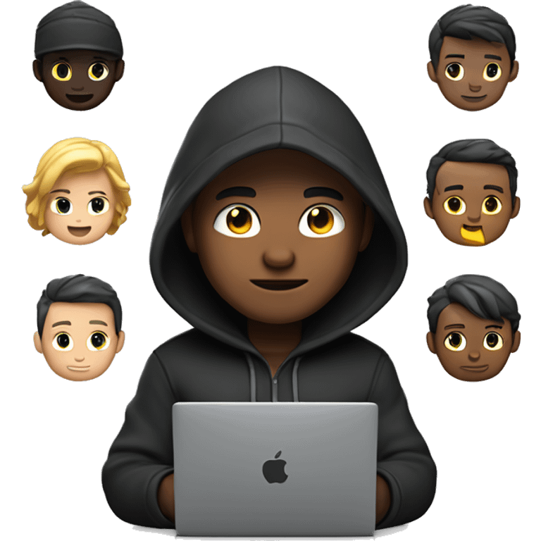 one 3d boy characters (like the apple memoji design style) dressed as developers wearing dark hoodies working. One  the laptop is programing, background is transperent, skin is white,  emoji