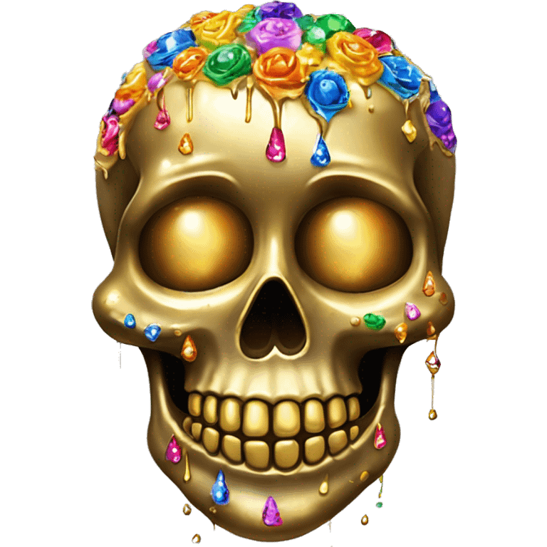 Realistic sugar skull decorated with colorful rhinestones with metallic gold candle on top of its head dripping down melted metallic gold wax down the skull emoji