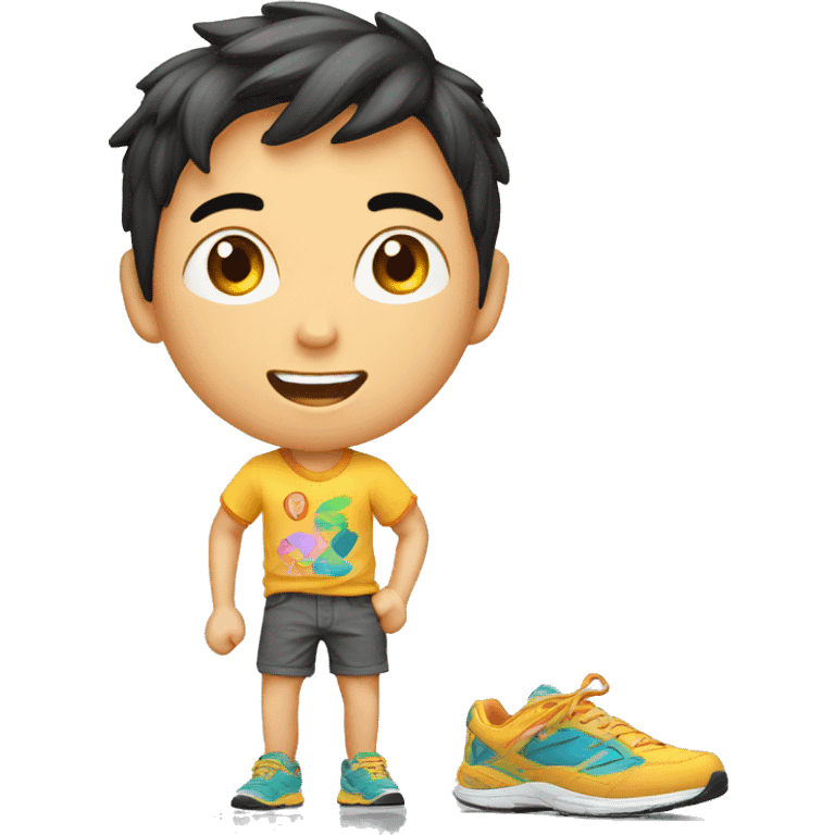 teen boy asian with short pants, shirt print with sarcasm, colorful running shoe emoji