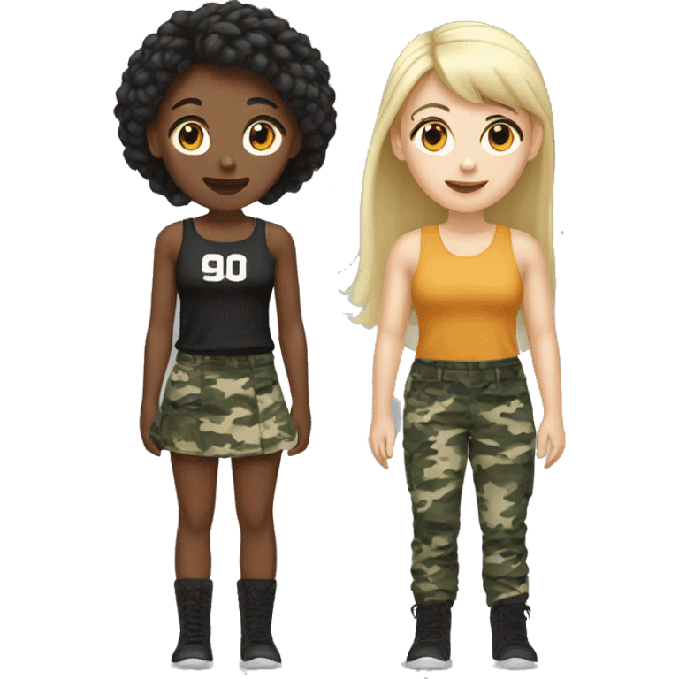 Blonde girl white with bangs and camo pants with brown girl with black hair in braid wearing skirt and tank top  emoji