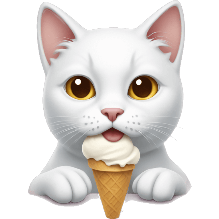 White cat with brown eyes eating ice cream emoji