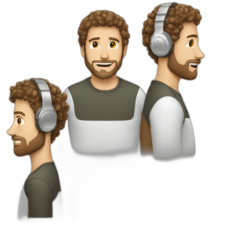 white guy with curly hair brun guy with white headphone and short beard emoji