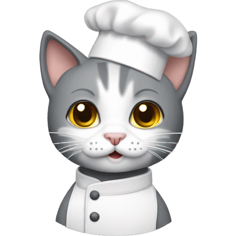 Grey short hair cat with white face wearing chef hat emoji