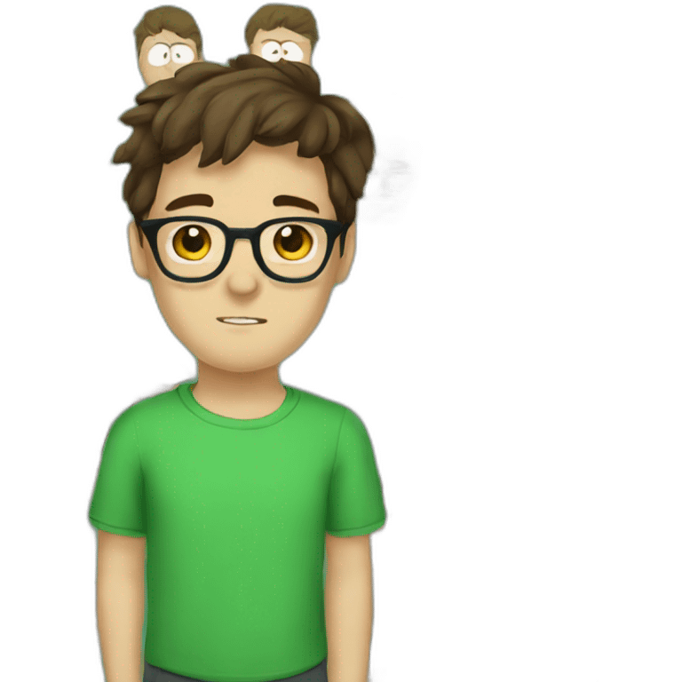 A boy with brown hair glasses and a South Park shirt and a green  emoji