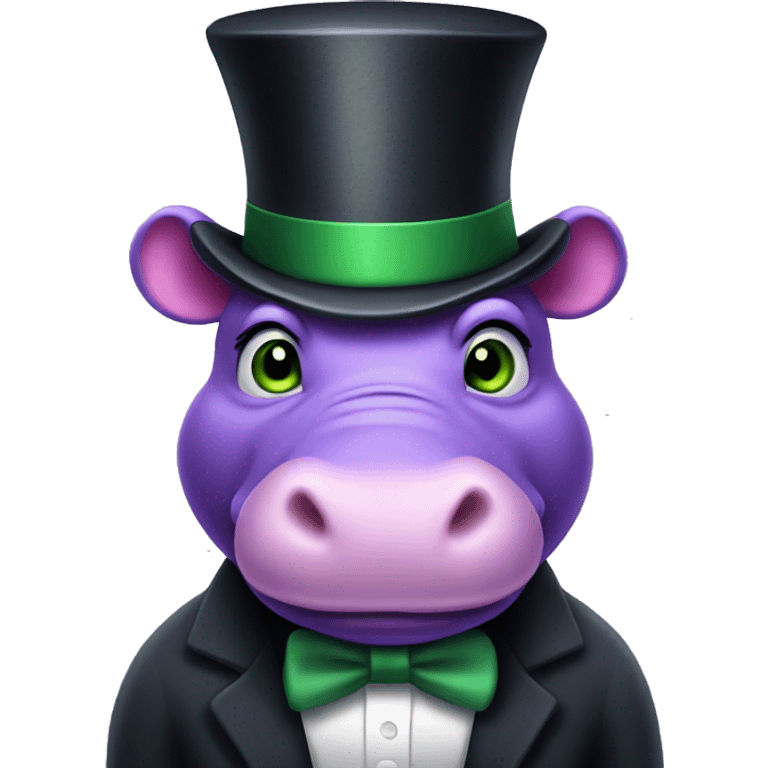 A purple hippo with green eyes and a top hat emoji